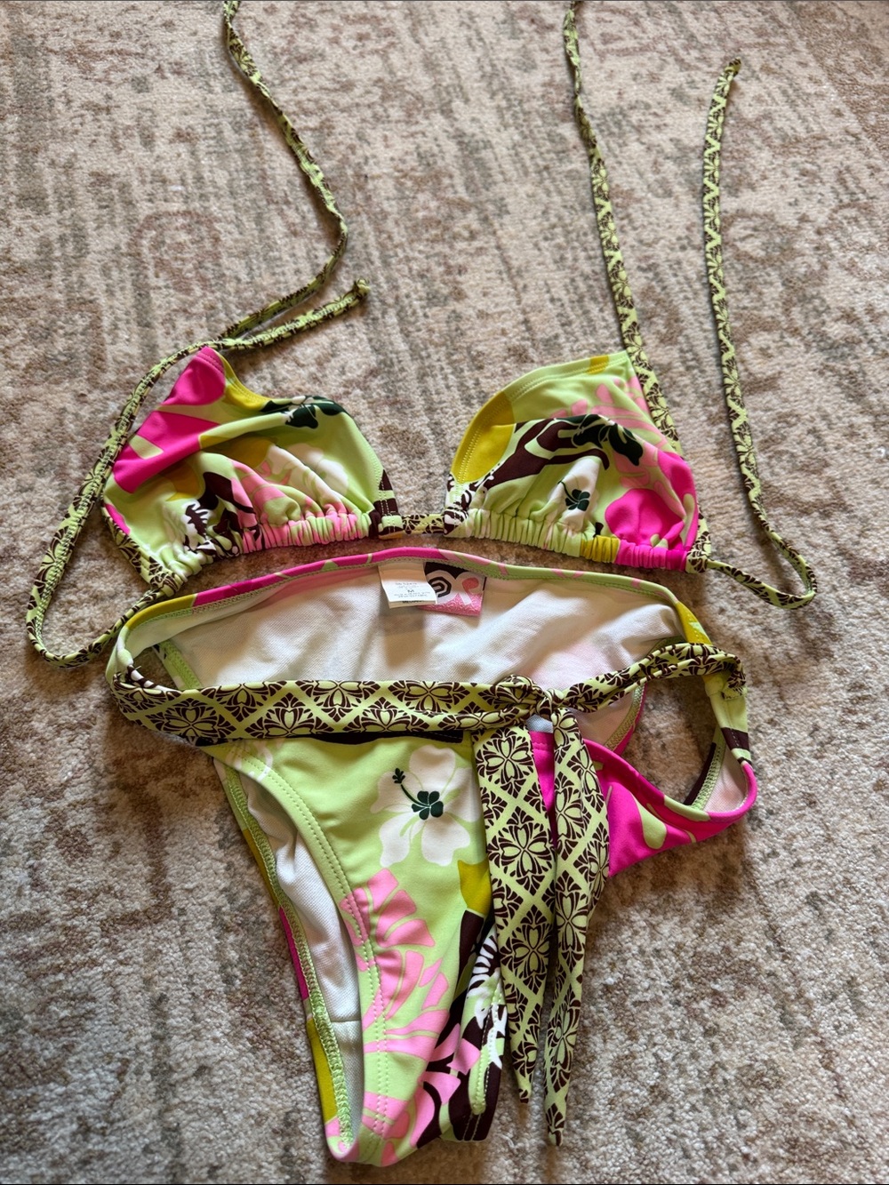 OP Bikini with accent tie belt in Lime Green & Hot Pink.